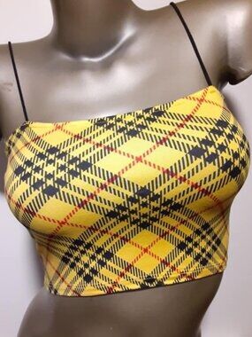 Bear Dance Yellow Plaid Cropped Halter Tank Top Thin Bungee Strap Small NEW NIP